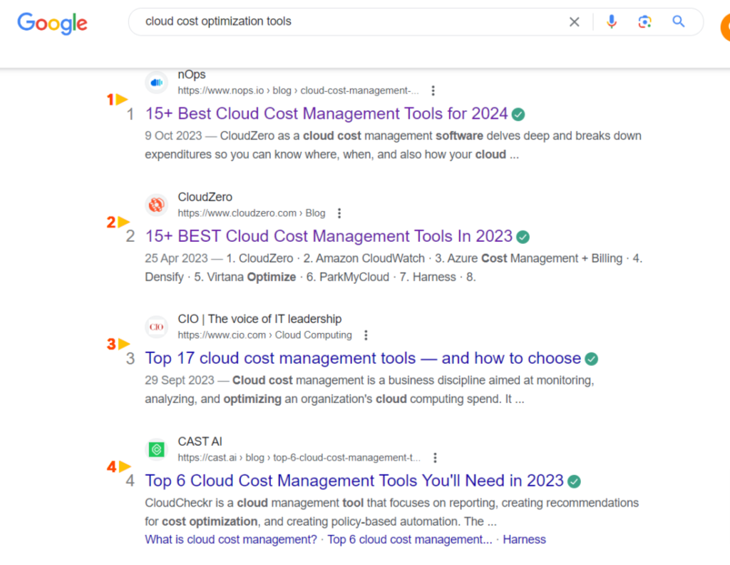 a screenshot of the search result for the query "cloud cost optimization tools"